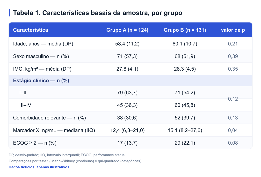Tabela 1 — características basais da amostra por grupo, com valor de p; dados fictícios